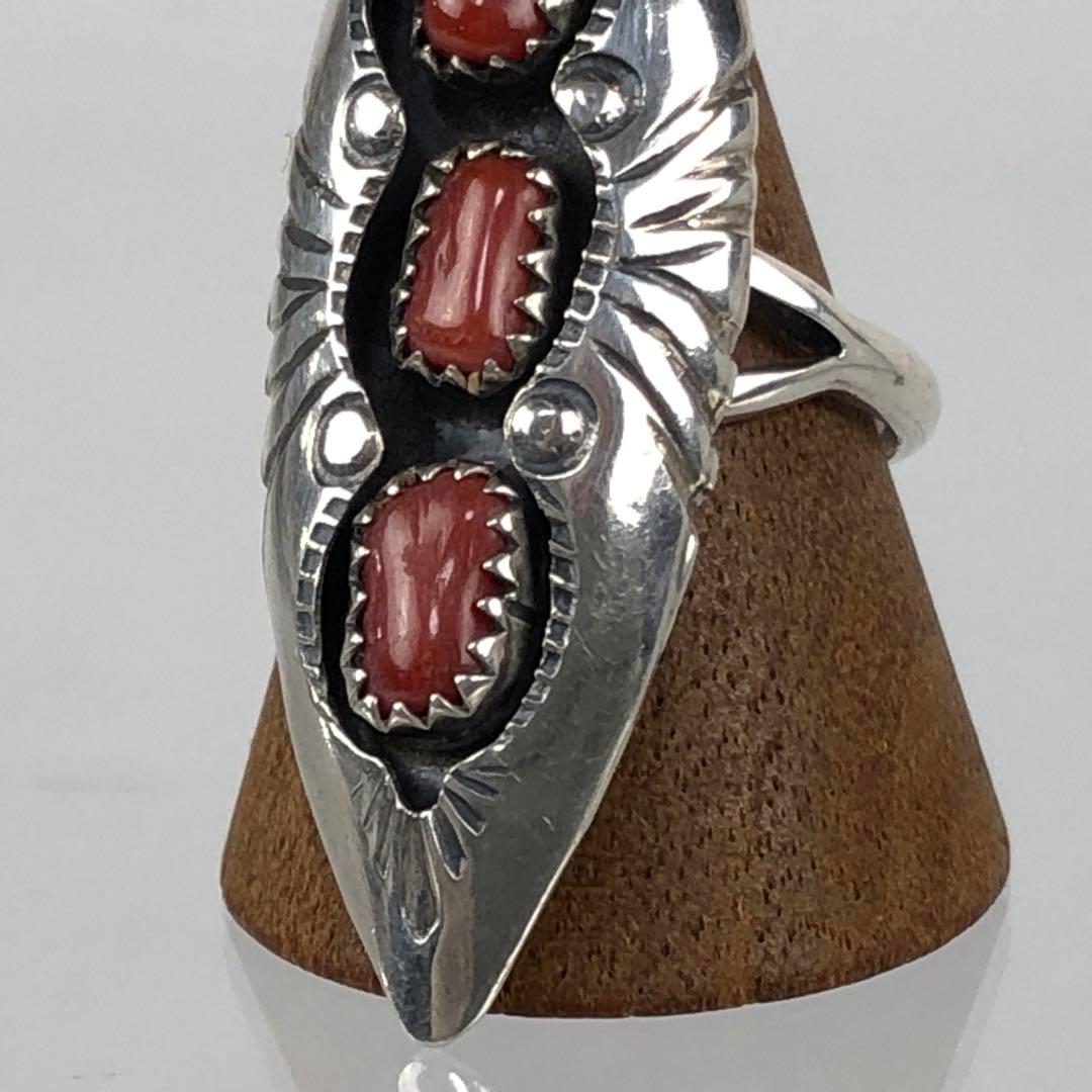 希少 3連 コーラル インディアンジュエリー リング BB刻印 sterling