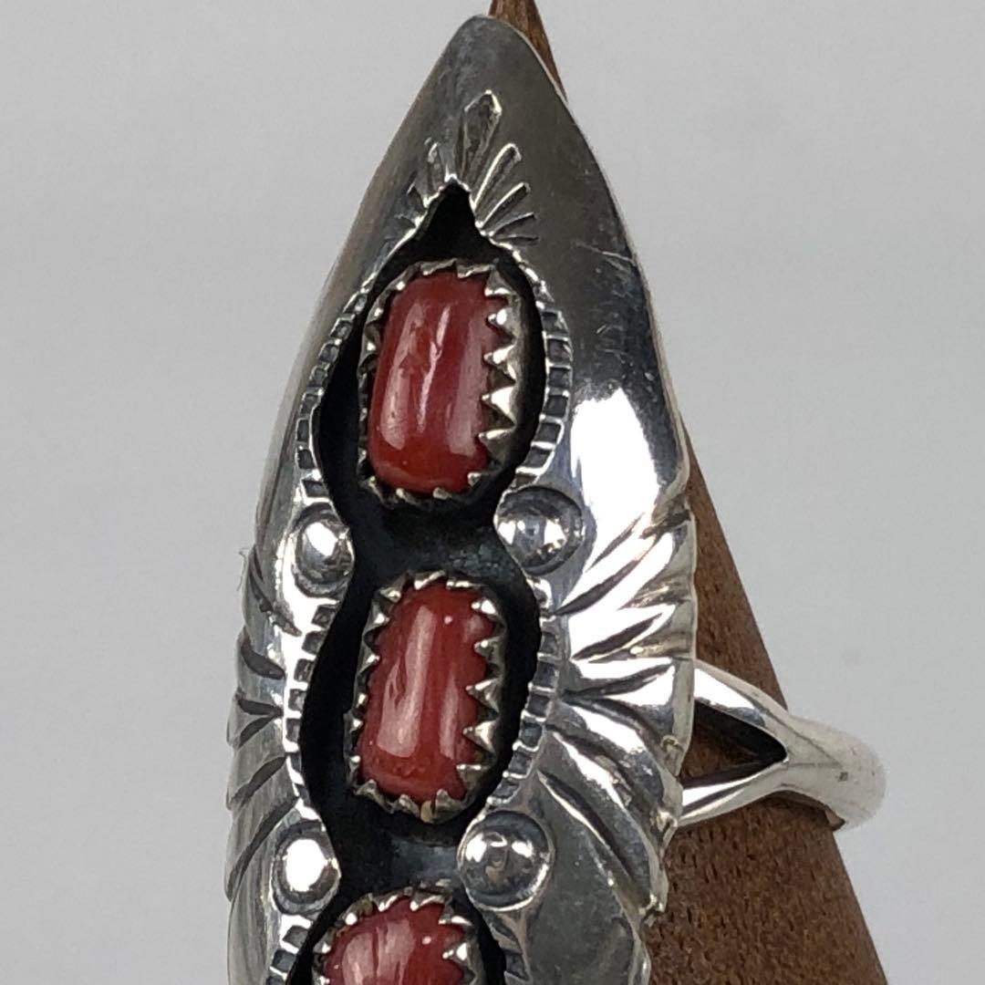 希少 3連 コーラル インディアンジュエリー リング BB刻印 sterling