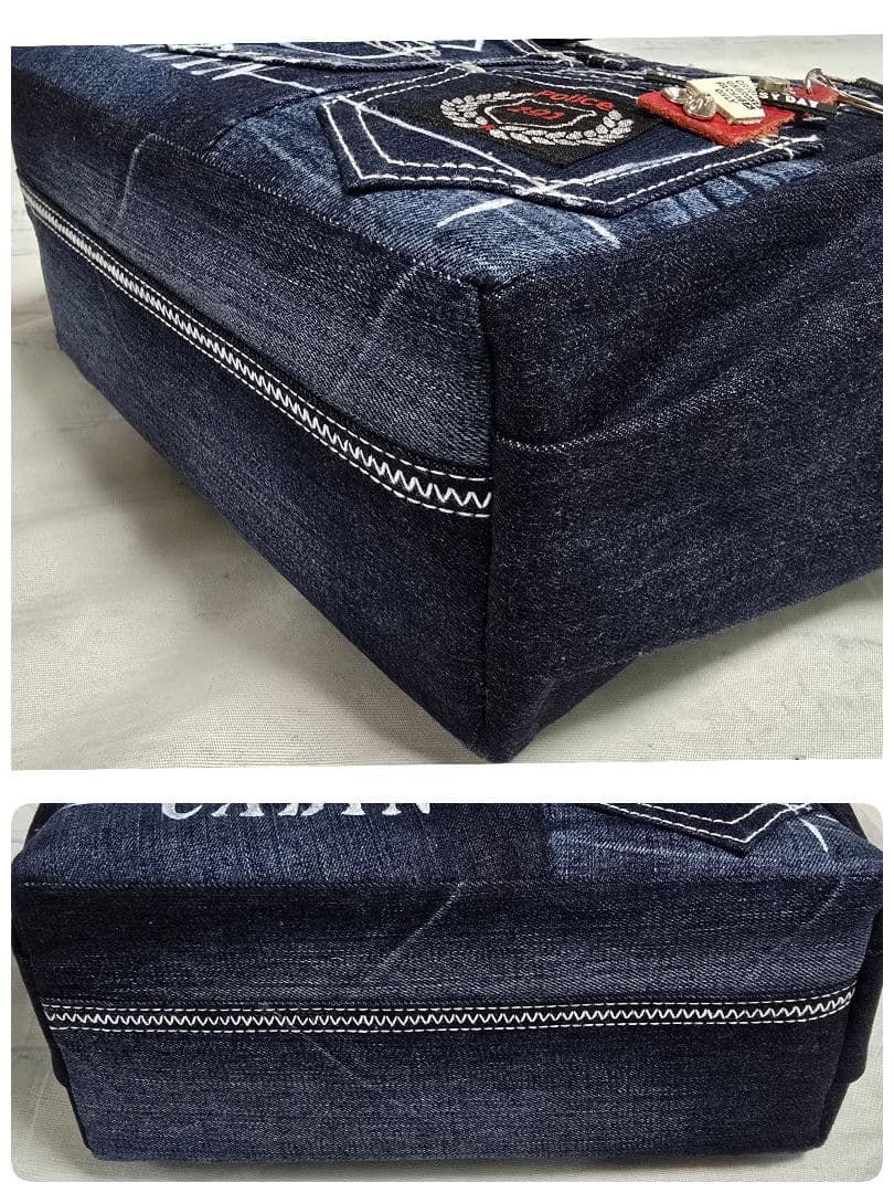 デニムリメイクトートバッグ お洒落カジュアル インディゴブルー 底板付き