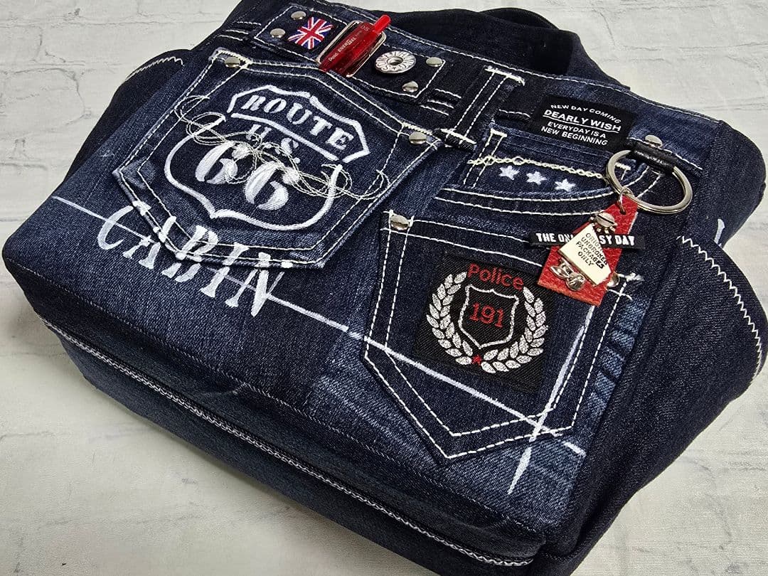 デニムリメイクトートバッグ お洒落カジュアル インディゴブルー 底板付き