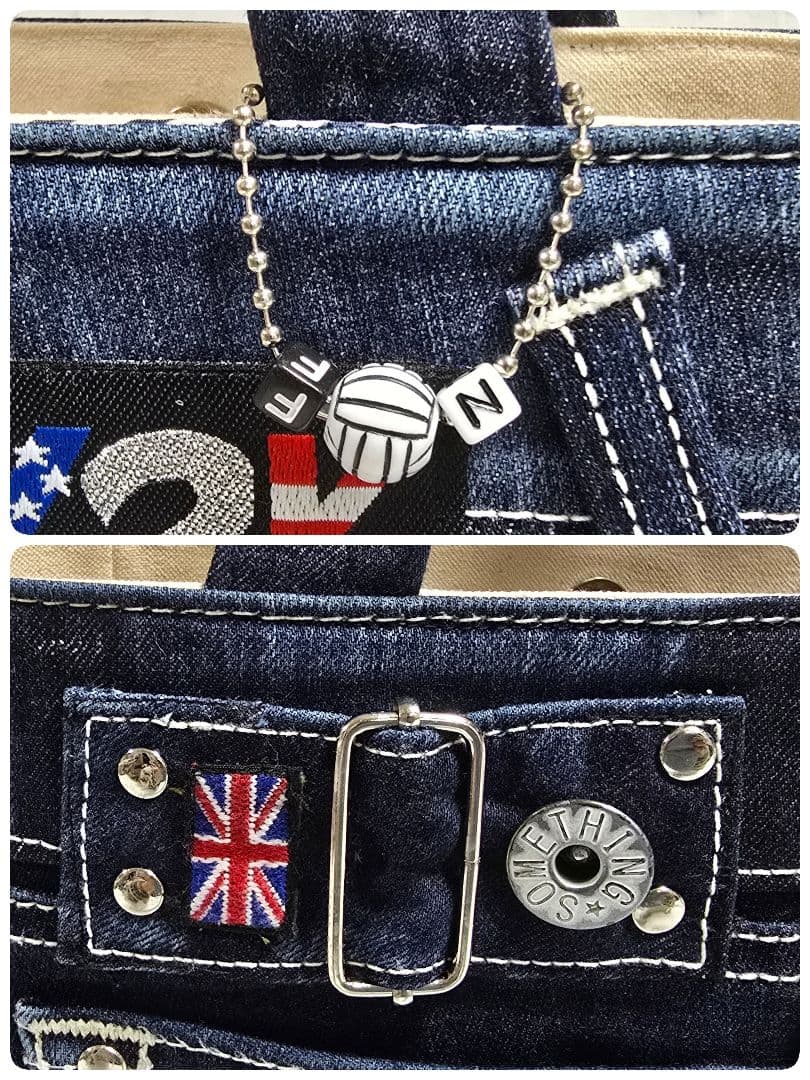 デニムリメイクトートバッグ お洒落カジュアル インディゴブルー 底板付き