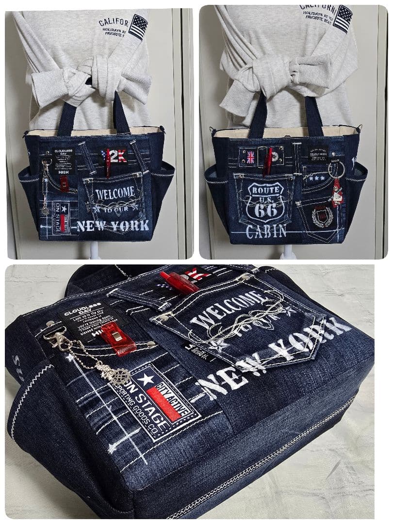 デニムリメイクトートバッグ お洒落カジュアル インディゴブルー 底板付き