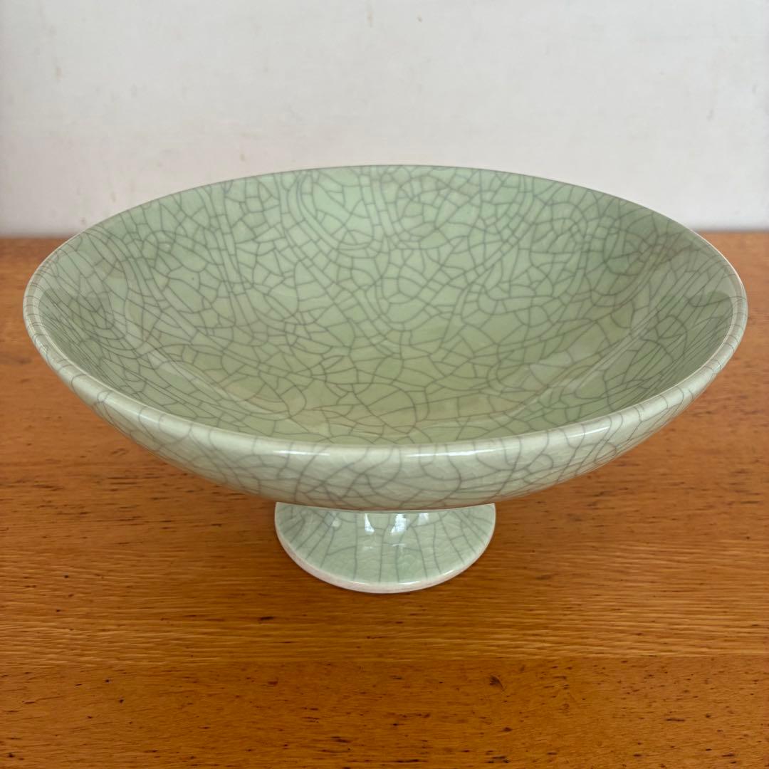 未使用 レトロ 骨董 アンティーク 高台 脚付き 大鉢 青磁 貫入 グリーン