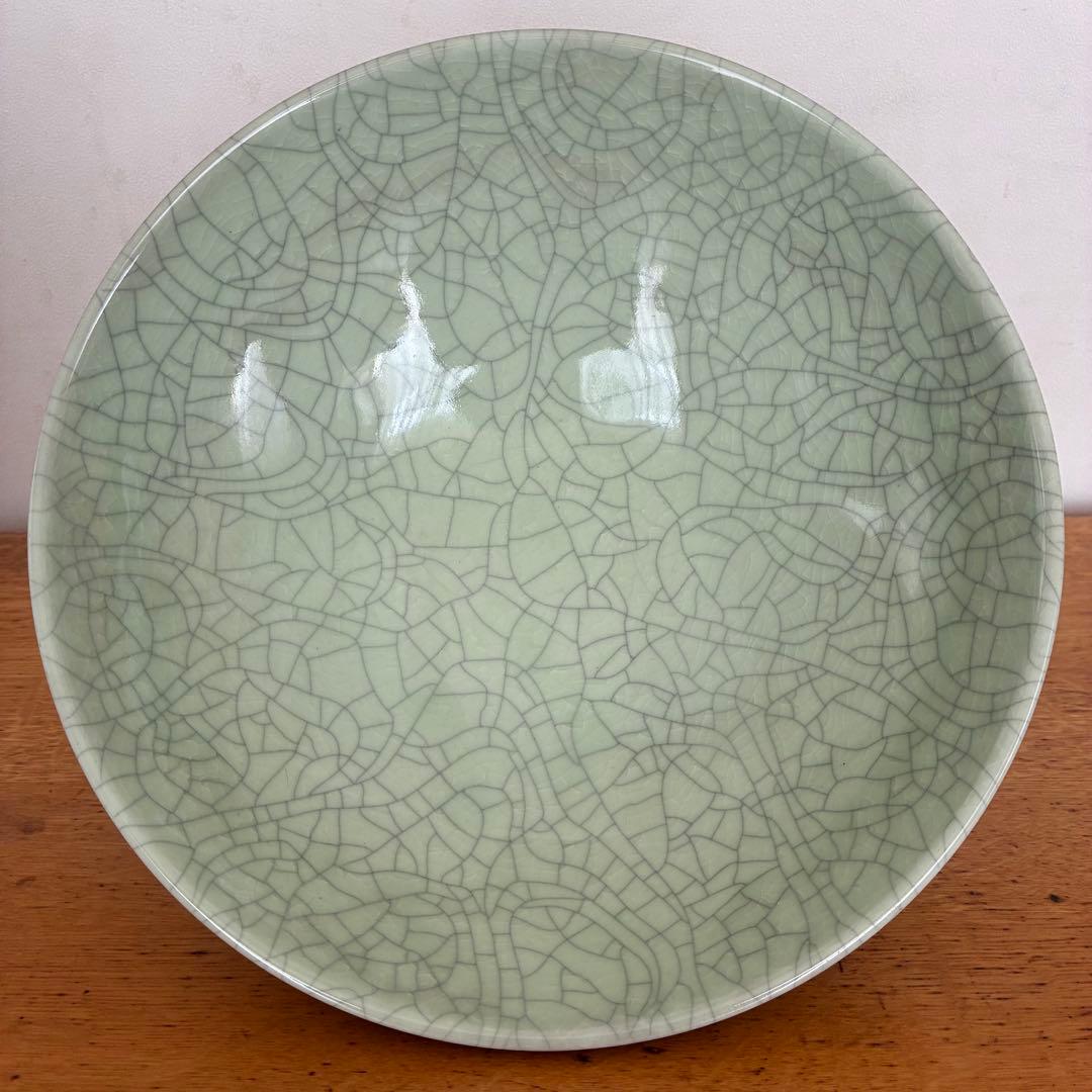 未使用 レトロ 骨董 アンティーク 高台 脚付き 大鉢 青磁 貫入 グリーン