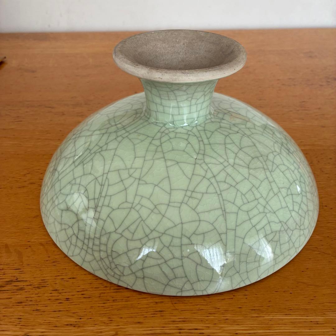 未使用 レトロ 骨董 アンティーク 高台 脚付き 大鉢 青磁 貫入 グリーン