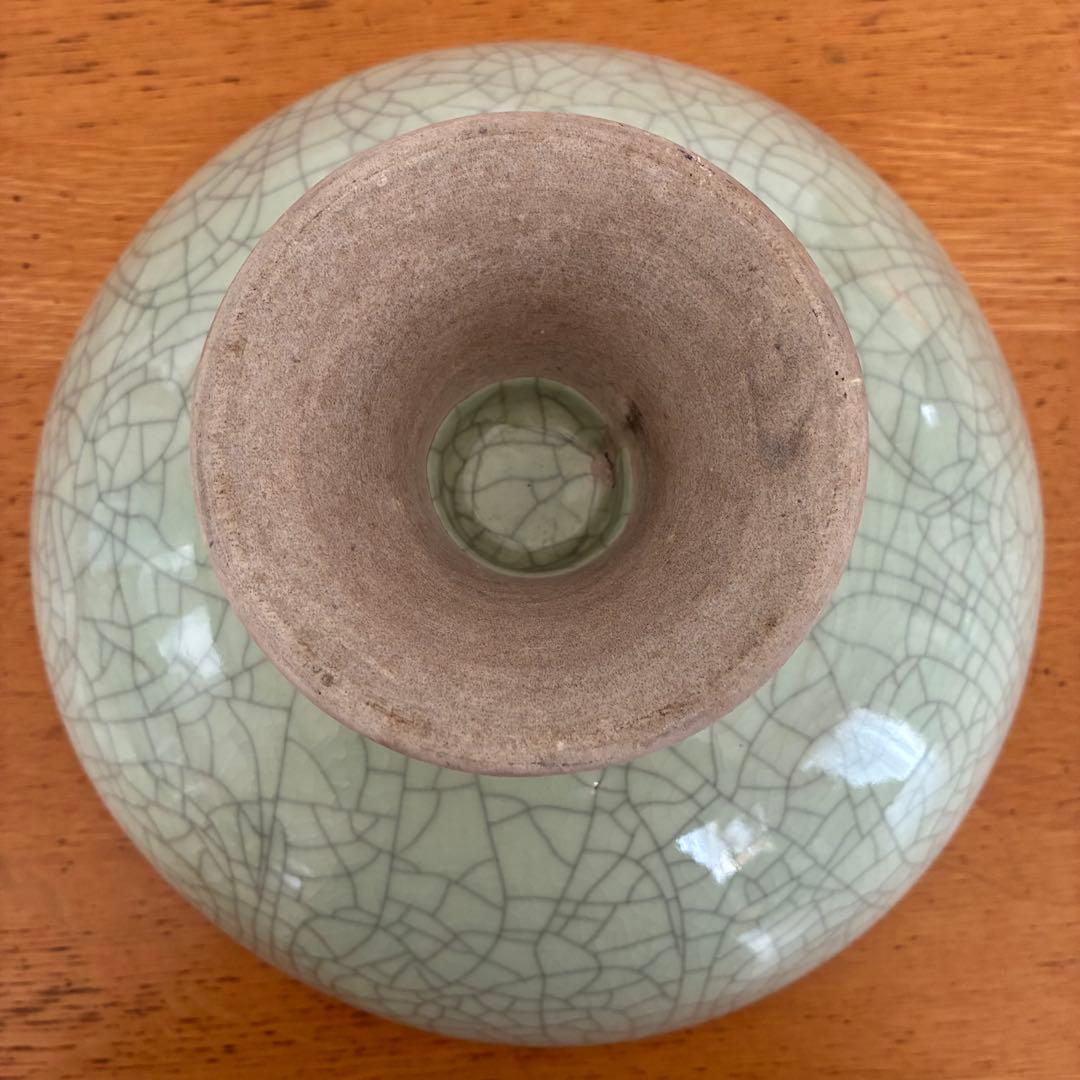 未使用 レトロ 骨董 アンティーク 高台 脚付き 大鉢 青磁 貫入 グリーン