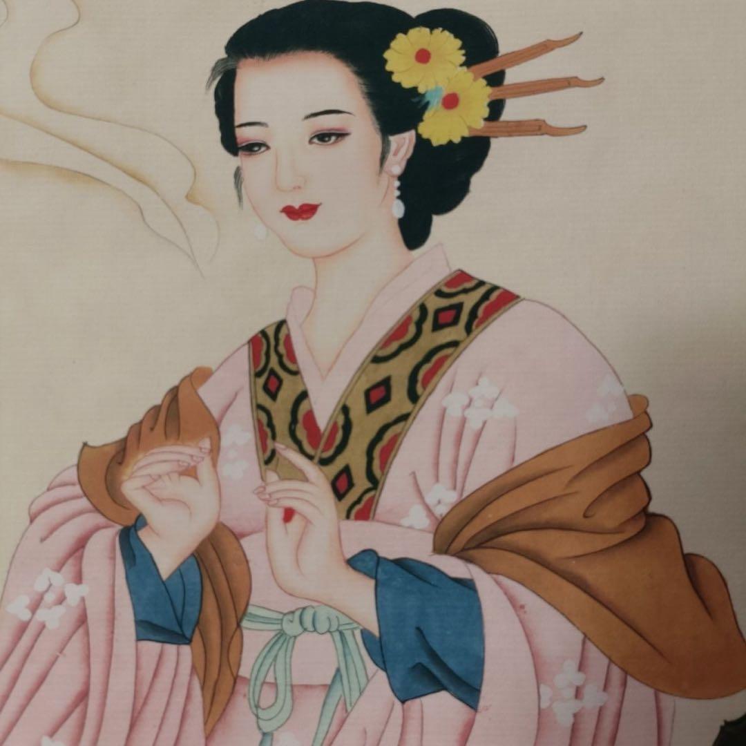 唐寅・貂蝉拜月図 中堂掛軸 帯証書・防偽標識付き 宣紙装裱／美術装飾画