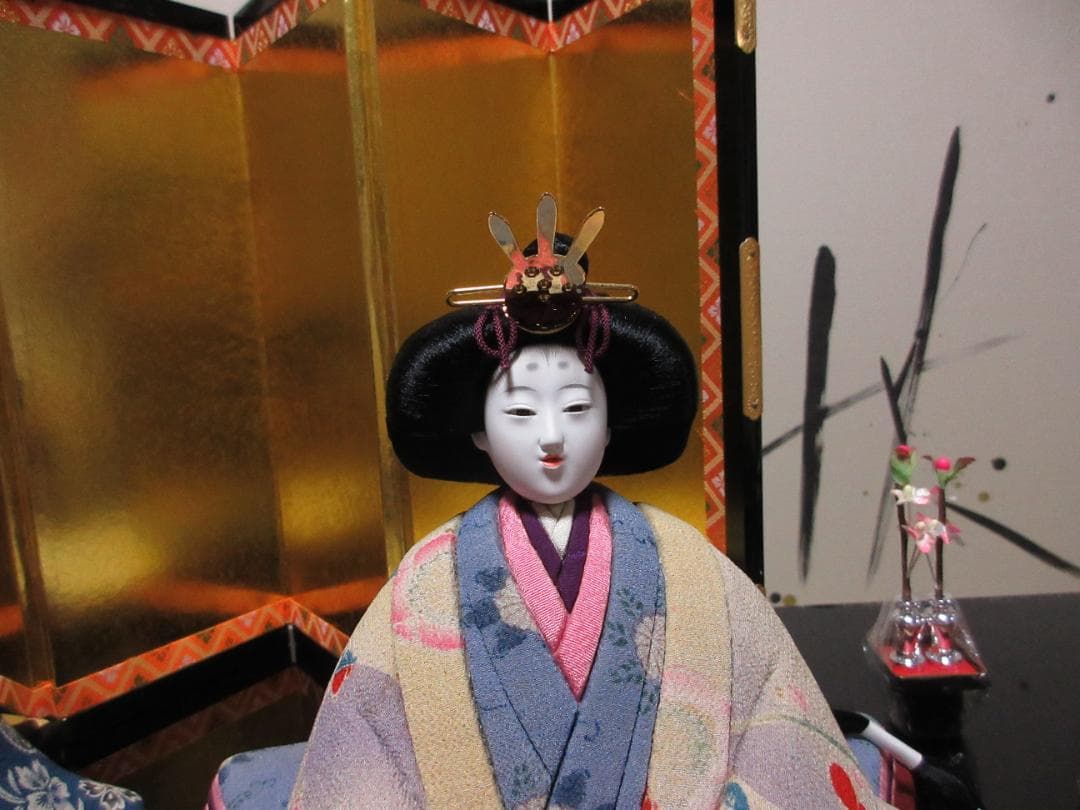 江戸ちりめん　檜扇　親王飾り　木目込み　金屏風