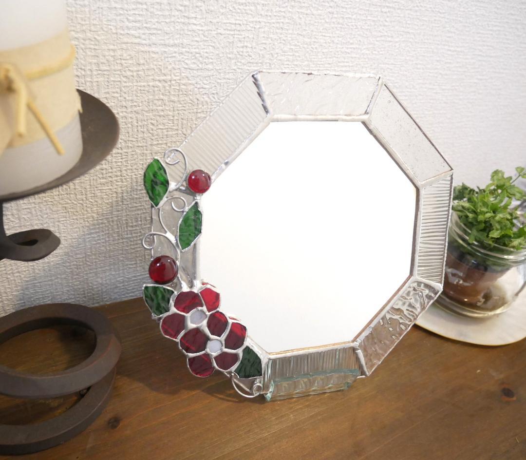 *:.。クリアベースの赤い花の八角形の鏡　(20size）　ステンドグラス