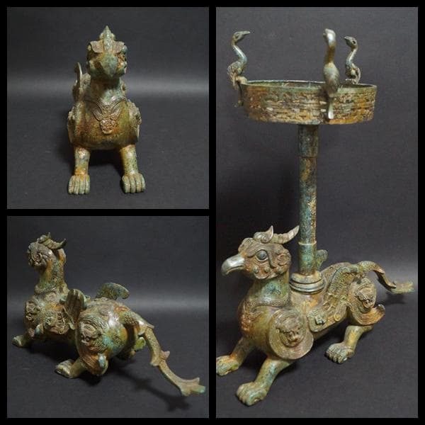 大型青銅製金工細工 戦国『鳳凰双翼獣 燭台像』迫力あるオブジェ瑞獣灯台高39ｃｍ