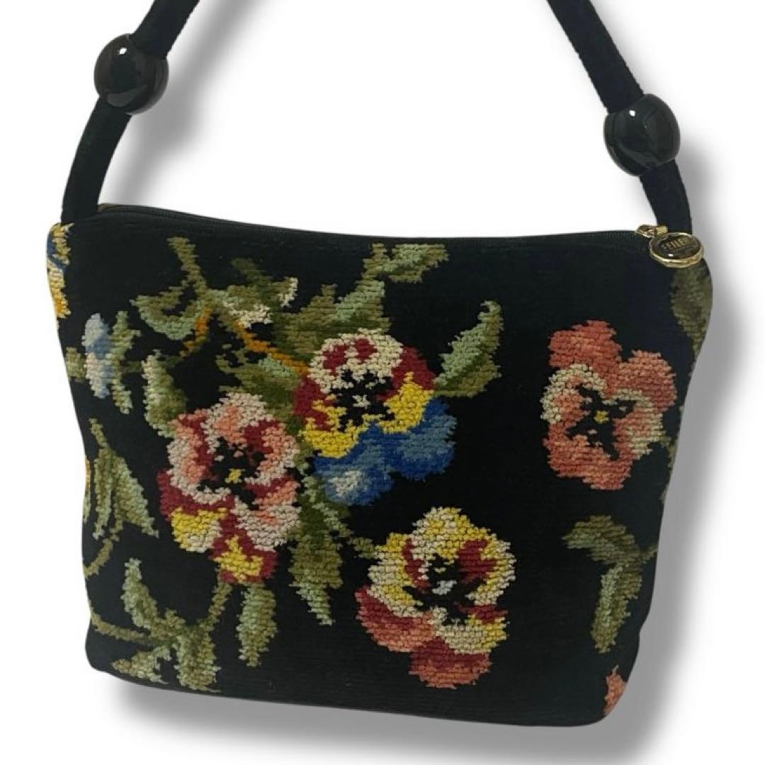 【極美品】FEILER(フェイラー) ハンドバッグ - 黒×花柄　ハンドバック