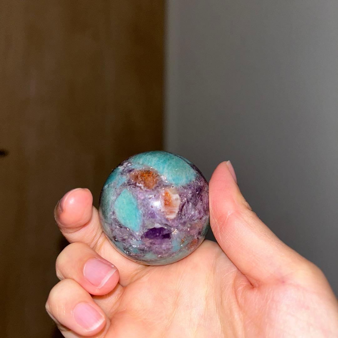 ①アマゾナイト サンストーン レピドライト 共生 スフィア レア 45.9ミリ