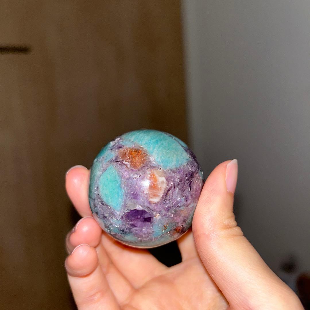 ①アマゾナイト サンストーン レピドライト 共生 スフィア レア 45.9ミリ
