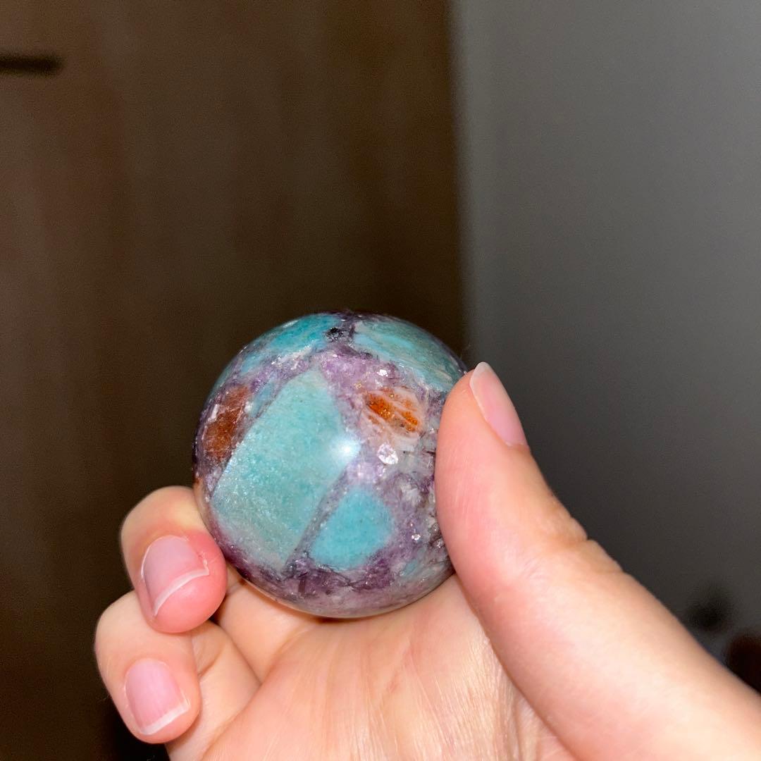 ①アマゾナイト サンストーン レピドライト 共生 スフィア レア 45.9ミリ