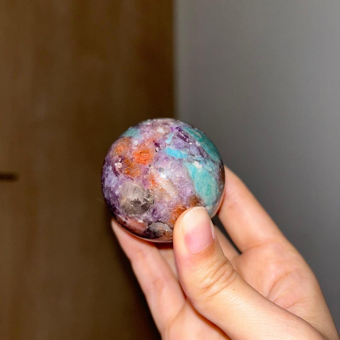 ①アマゾナイト サンストーン レピドライト 共生 スフィア レア 45.9ミリ