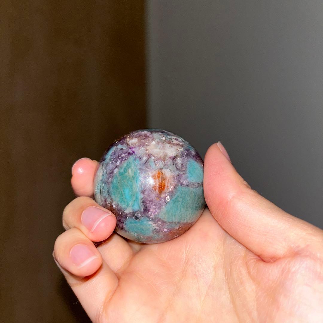 ①アマゾナイト サンストーン レピドライト 共生 スフィア レア 45.9ミリ