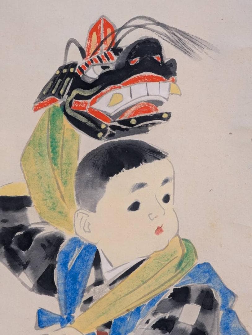 【真作】掛軸　田中針水　お獅子　祝いの舞を描く一幅　共箱入　V138