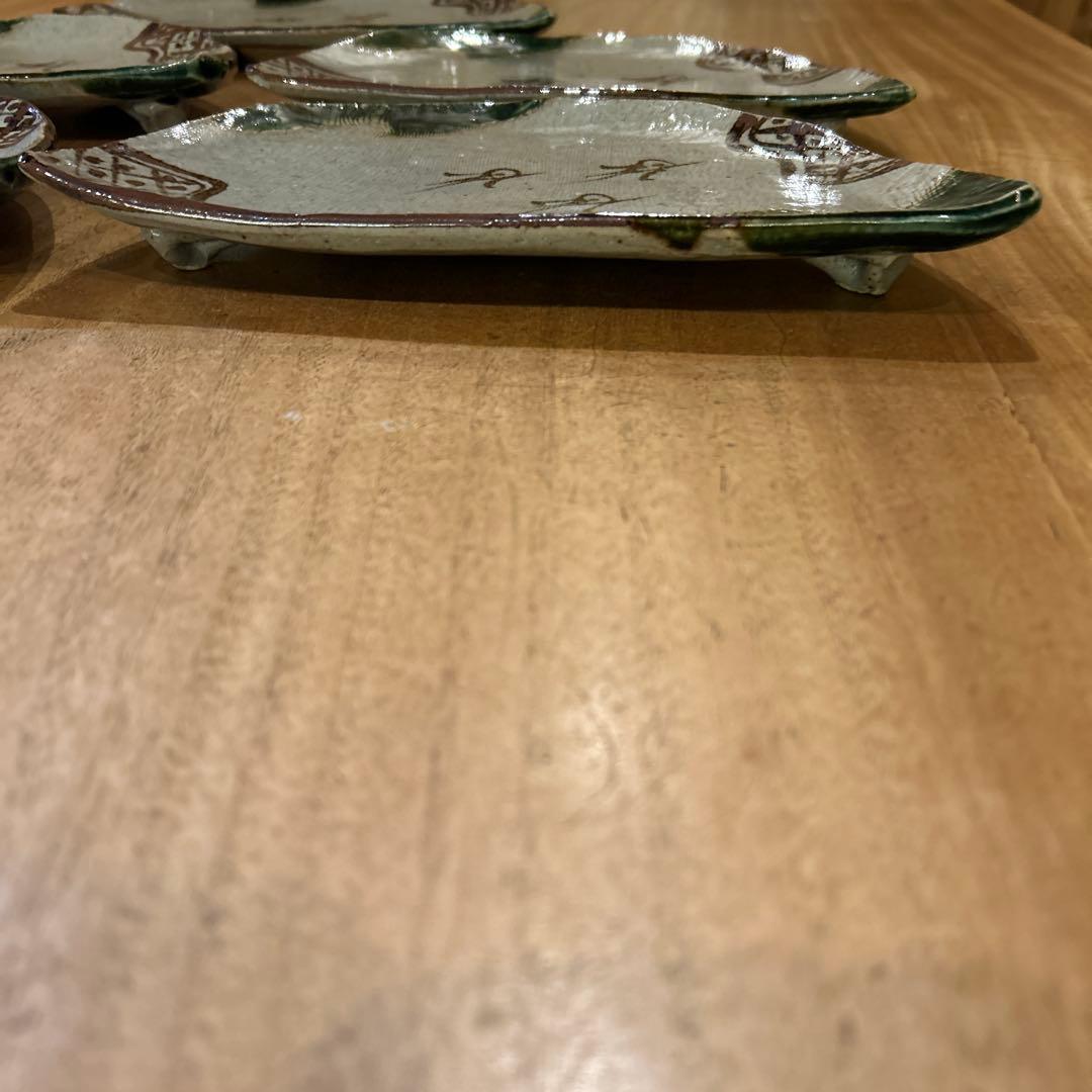 織部焼　昭和後期　作家物　緑釉千鳥　半月高台皿　五枚