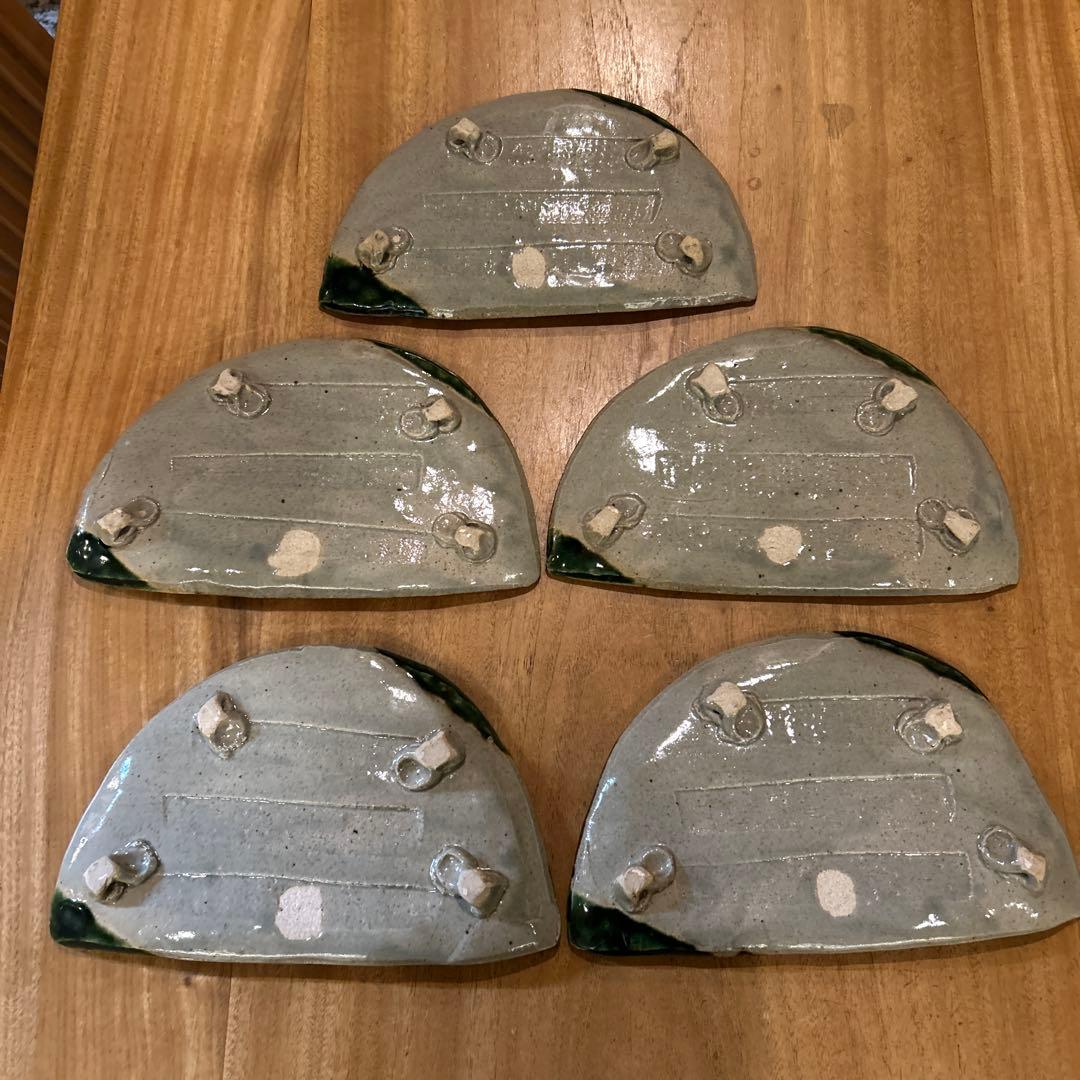 織部焼　昭和後期　作家物　緑釉千鳥　半月高台皿　五枚