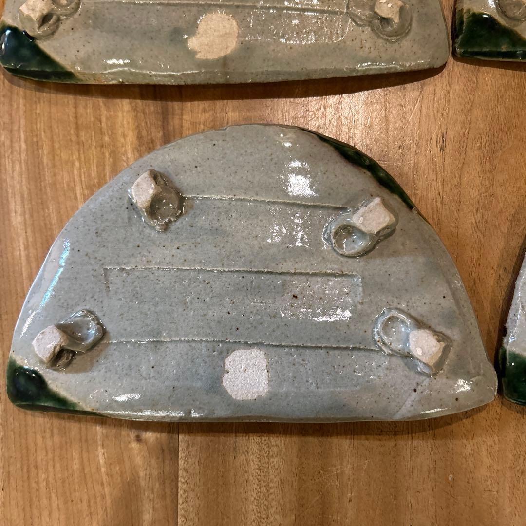 織部焼　昭和後期　作家物　緑釉千鳥　半月高台皿　五枚