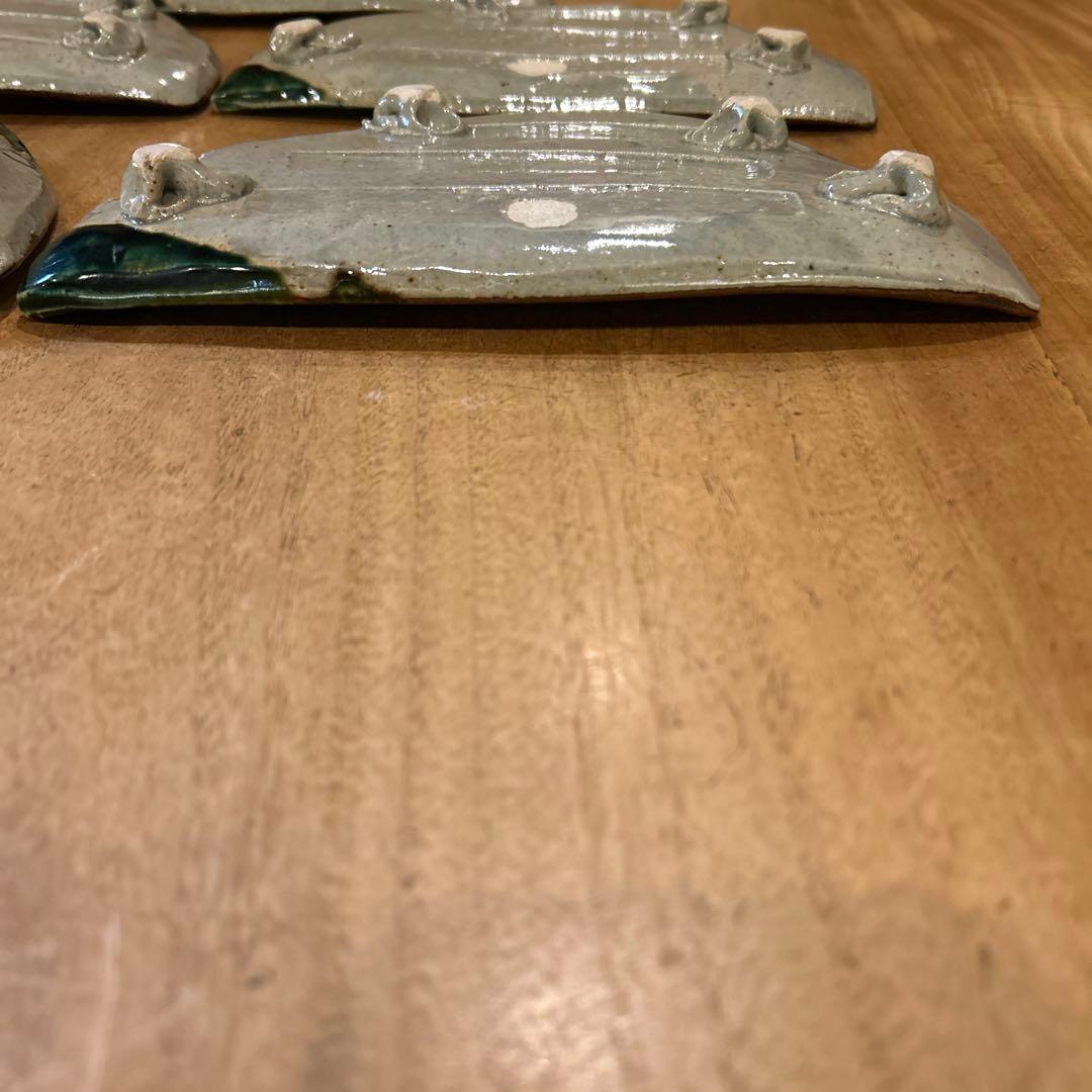 織部焼　昭和後期　作家物　緑釉千鳥　半月高台皿　五枚