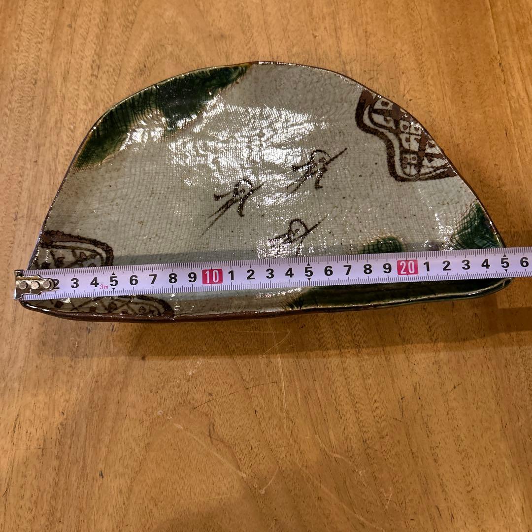 織部焼　昭和後期　作家物　緑釉千鳥　半月高台皿　五枚