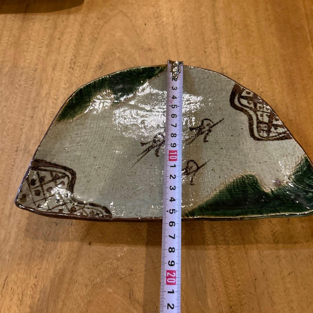 織部焼　昭和後期　作家物　緑釉千鳥　半月高台皿　五枚