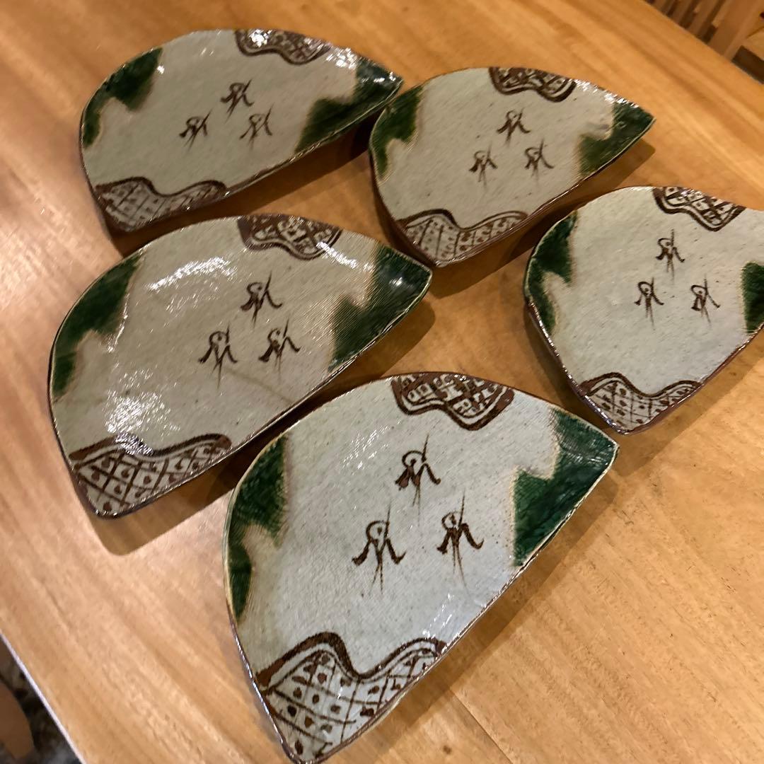 織部焼　昭和後期　作家物　緑釉千鳥　半月高台皿　五枚