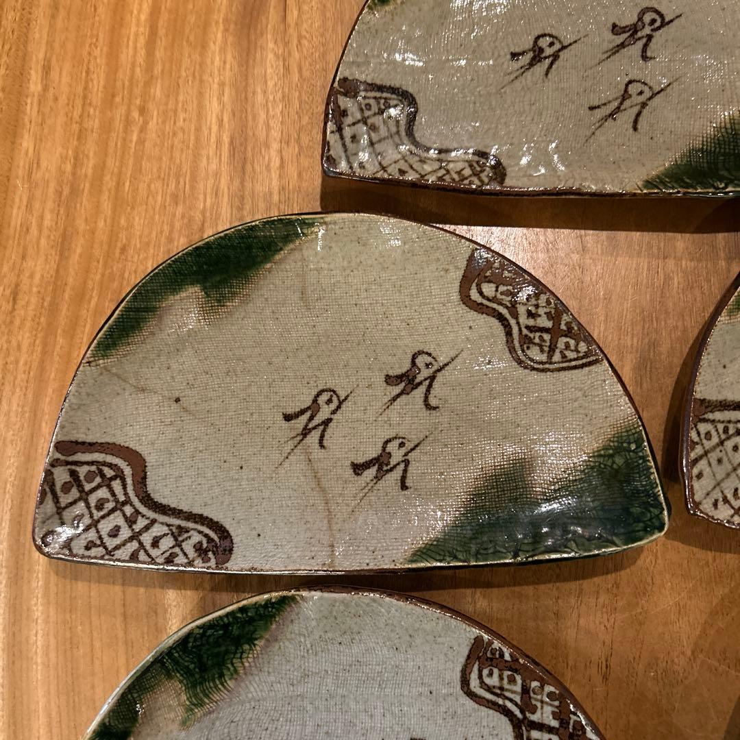 織部焼　昭和後期　作家物　緑釉千鳥　半月高台皿　五枚