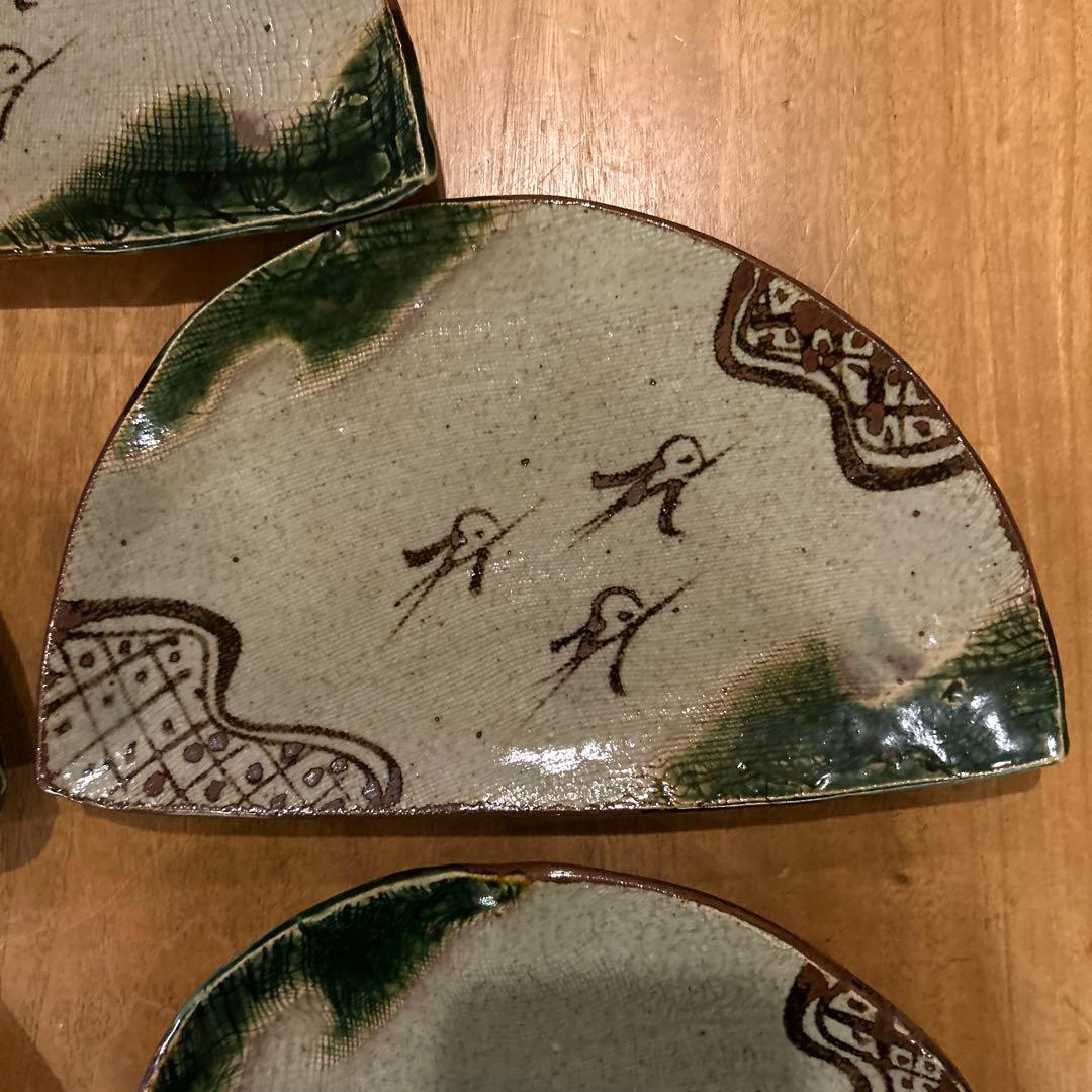 織部焼　昭和後期　作家物　緑釉千鳥　半月高台皿　五枚
