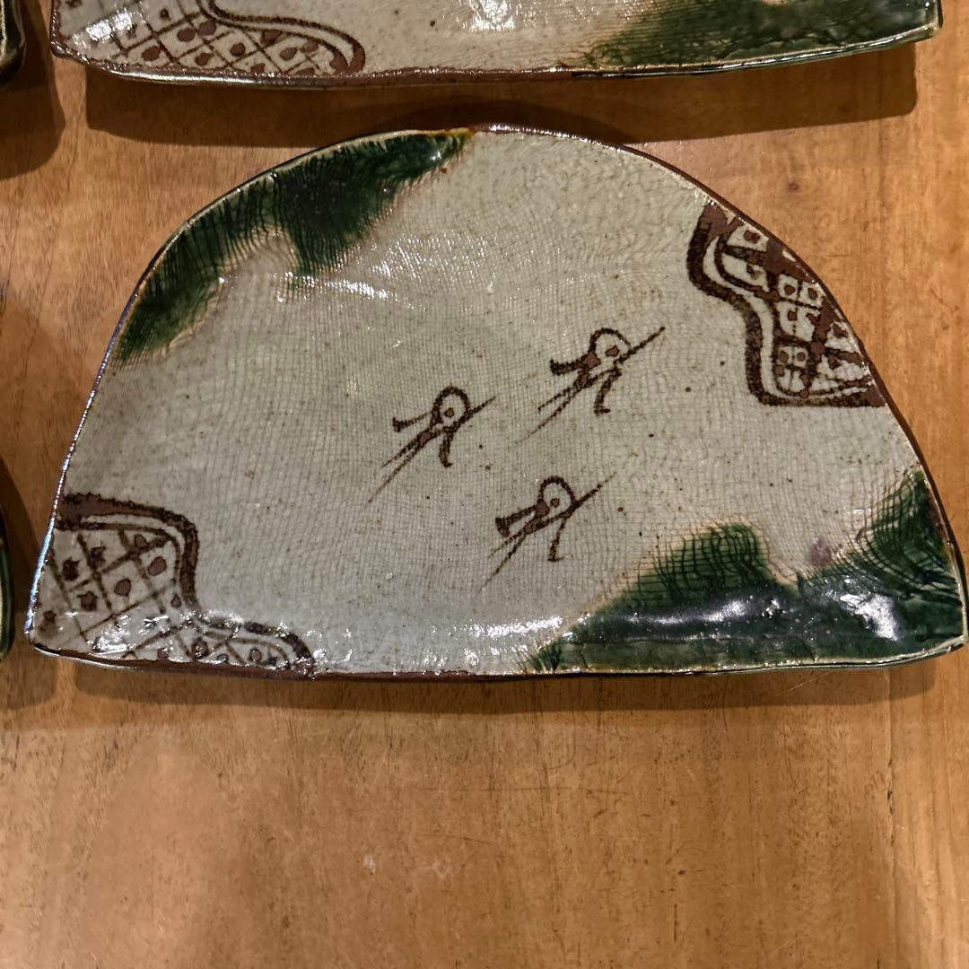 織部焼　昭和後期　作家物　緑釉千鳥　半月高台皿　五枚