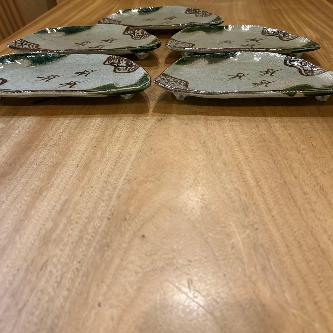 織部焼　昭和後期　作家物　緑釉千鳥　半月高台皿　五枚