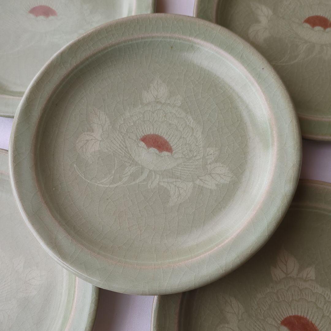 値下げ！青磁ボタン文銘めい皿５枚　お茶事向付