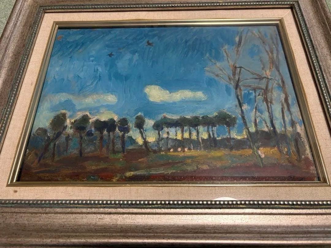 油彩画 青空と木々の風景