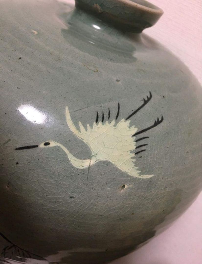 李朝　大珍品　緑色の陶器製花瓶 水辺の風景骨董品保証