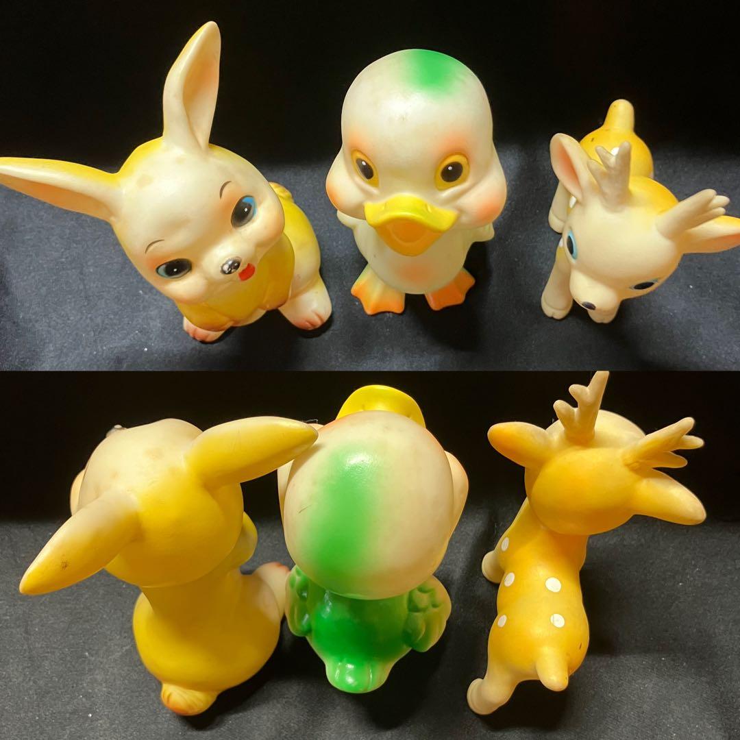 当時物 うさぎ アヒル　しか　ソフビ 3個　笛人形　欠損有り　B2297