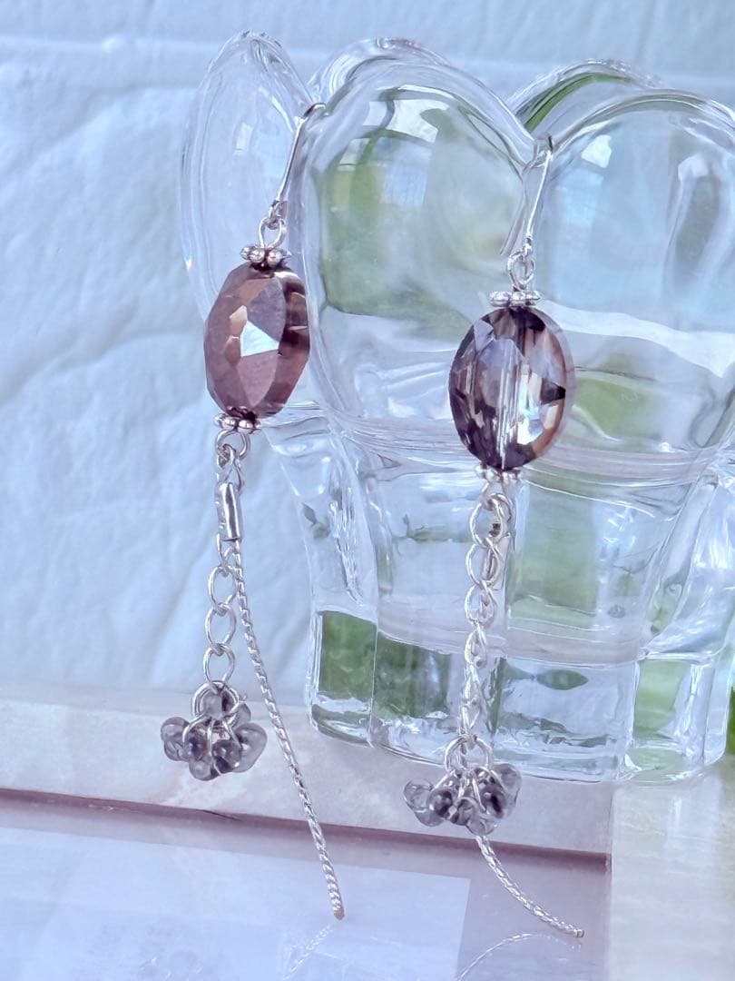 66：カットガラスとチェーンのロングアス　ハンドメイド