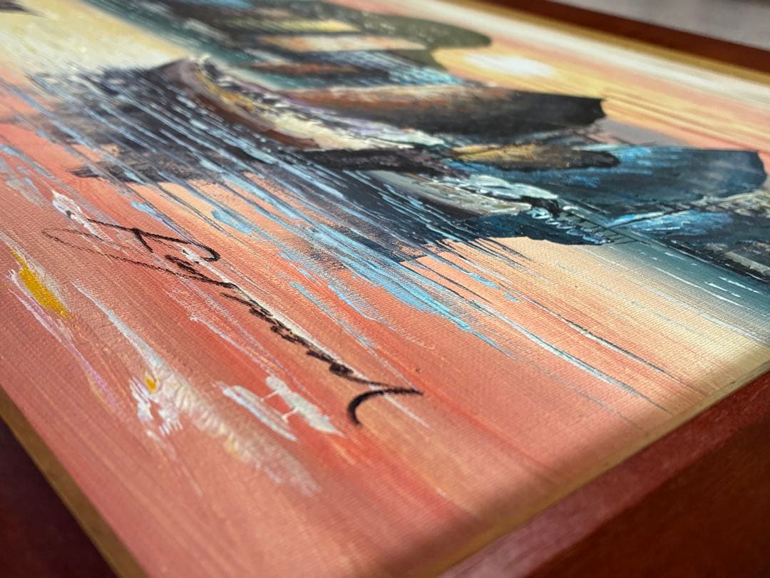 油絵 額装 帆船と港町の夕景 風景画 サインあり 大判