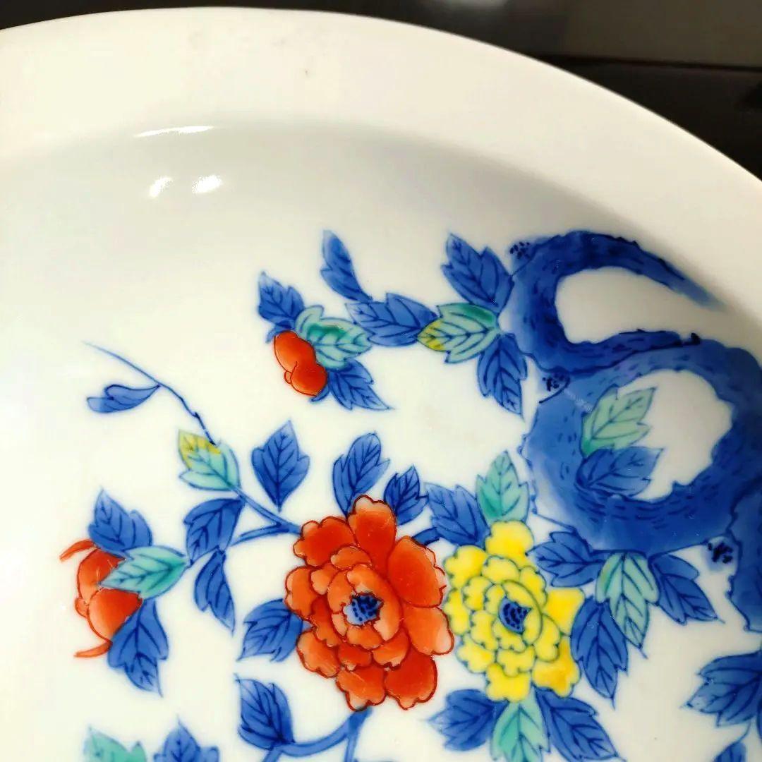 肥前大川内山　鍋島謹製　染錦牡丹画8寸高台　櫛歯文様　色鍋島　菓子器　共箱付き