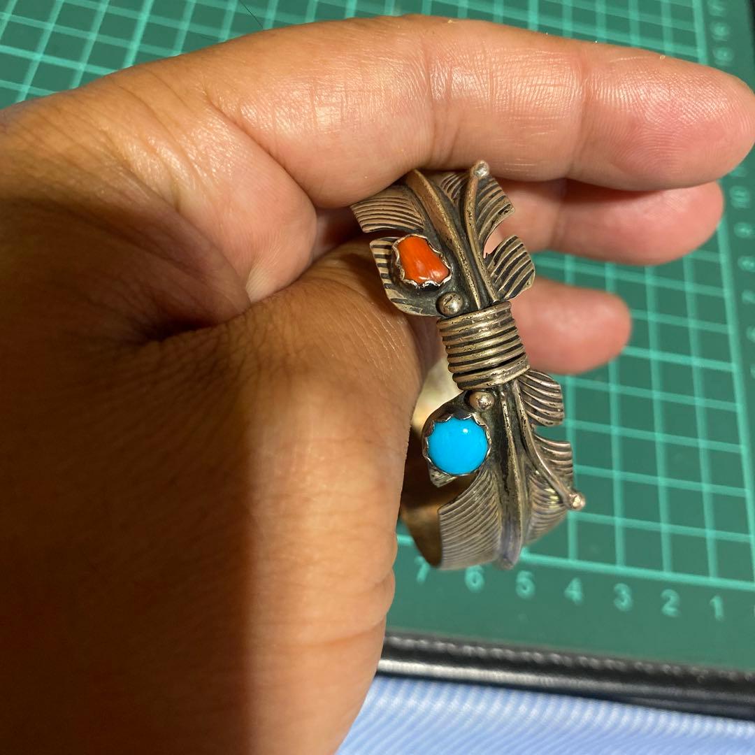 インディアンジュエリー　925 ブレスレット　ターコイズ　珊瑚　スターリング　羽