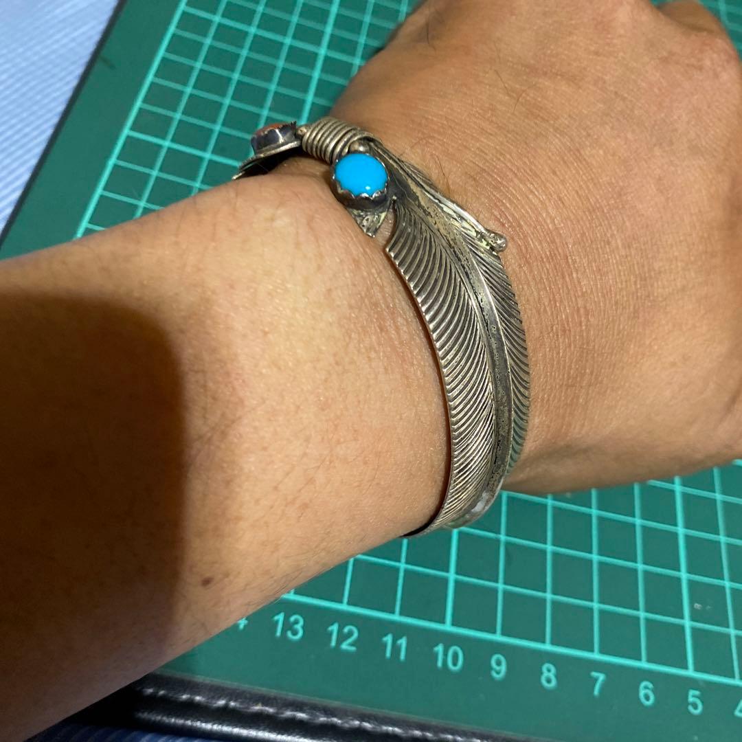 インディアンジュエリー　925 ブレスレット　ターコイズ　珊瑚　スターリング　羽