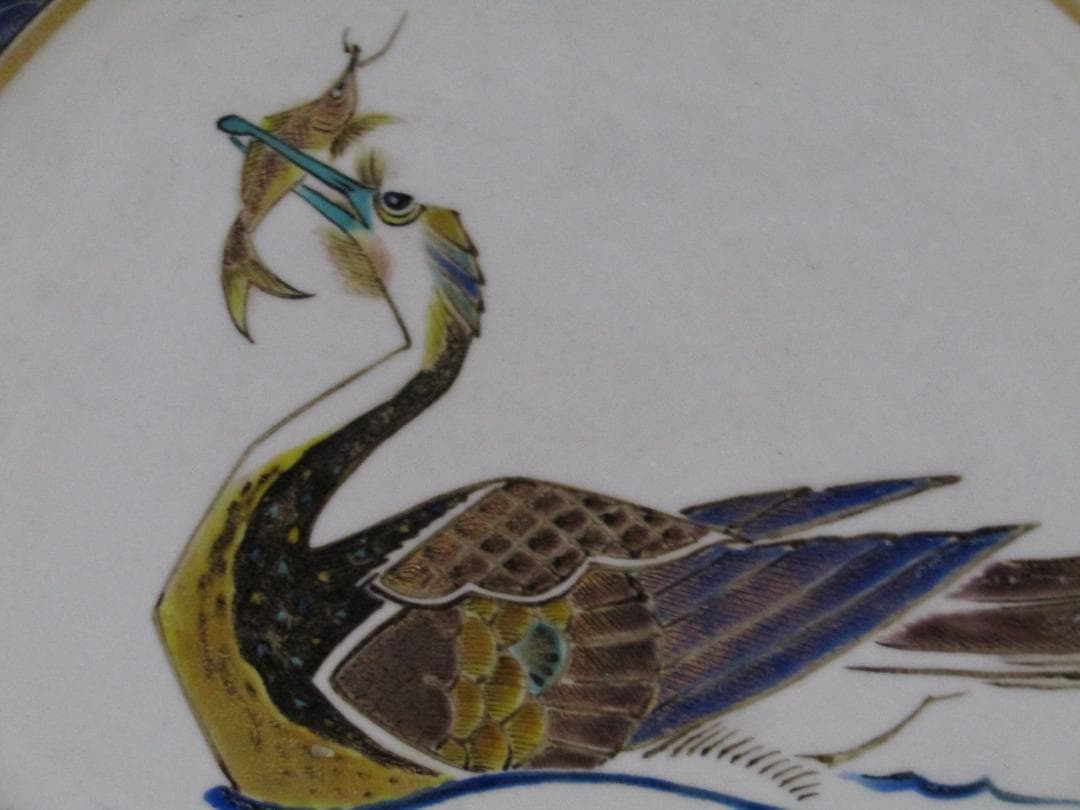 青い雲模様 鳥の絵皿 陶磁器 飾り皿　大皿