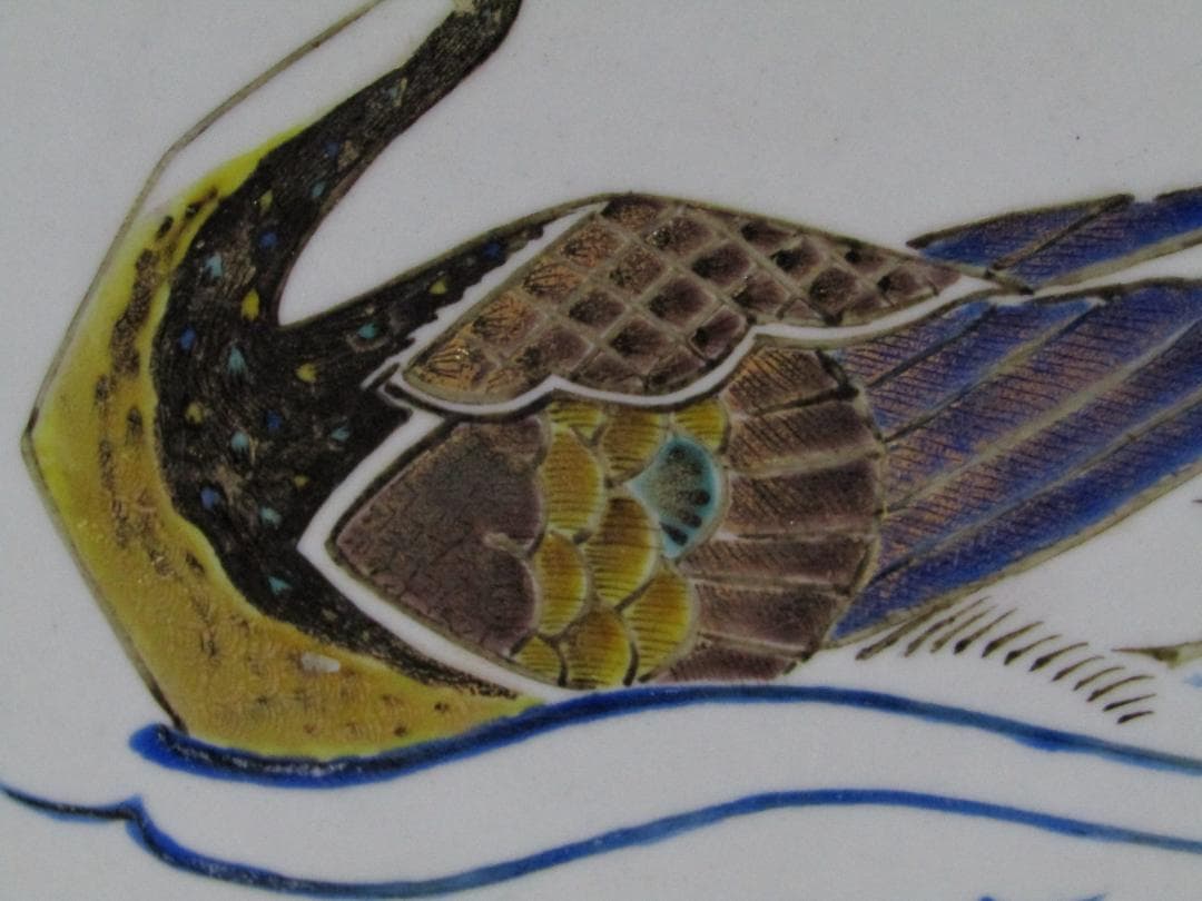 青い雲模様 鳥の絵皿 陶磁器 飾り皿　大皿