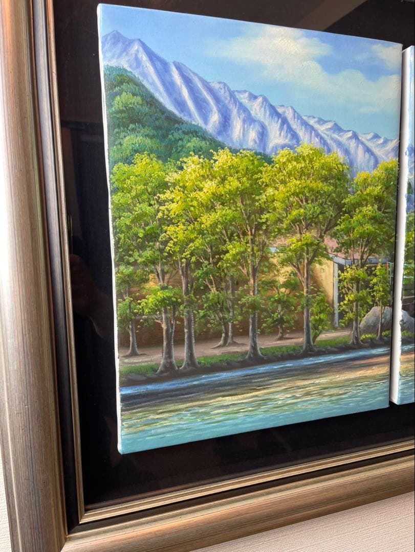 自然　油絵　湖　四季　作者名有