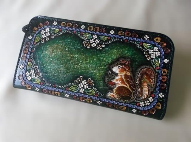 L型ファスナータイプのロングウォレット　刻印＆拭き染め　牛革