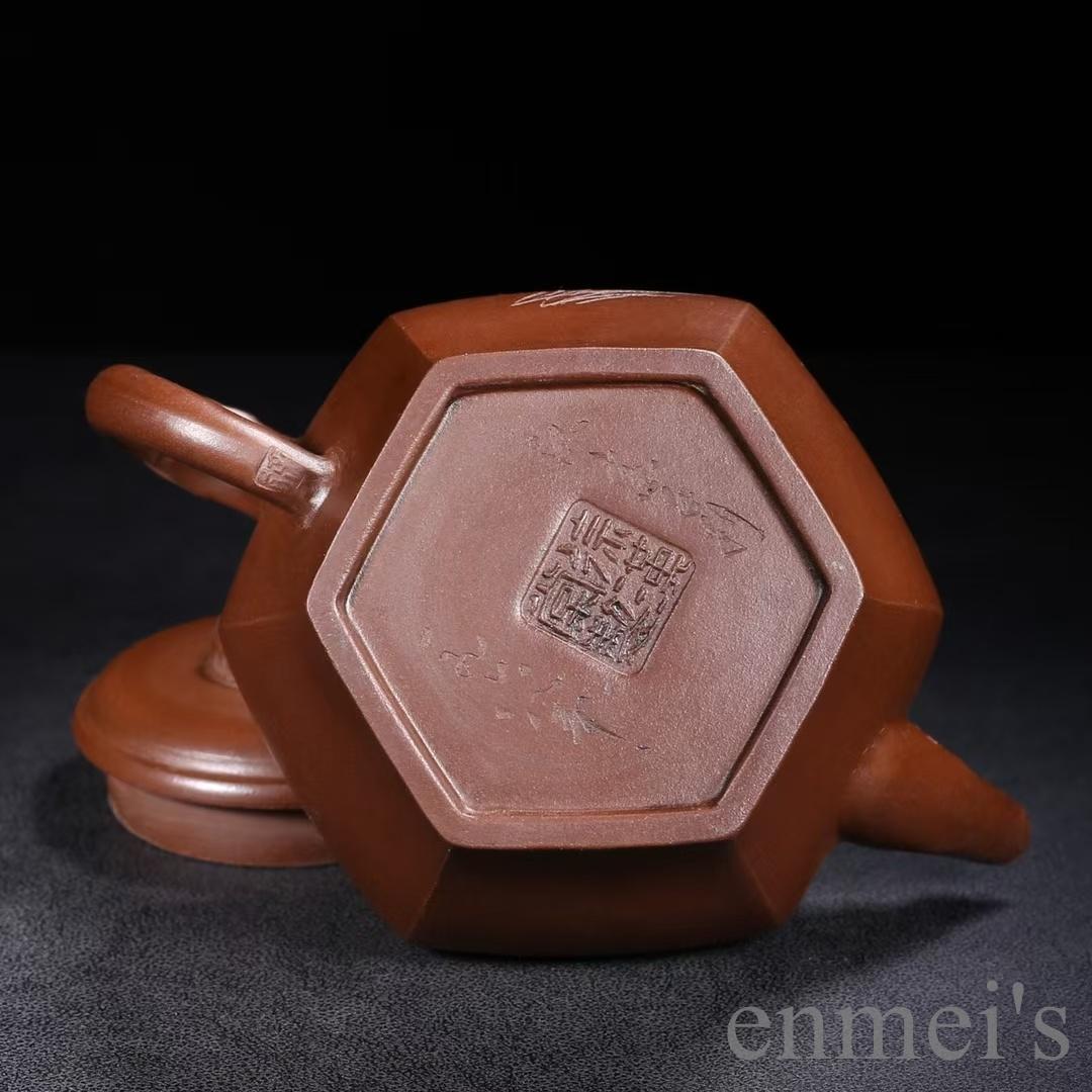 中国古美術 紫砂壺 六方壺 底款:徐漢棠 原鉱紫泥 急須 茶壺 煎茶道具 茶器