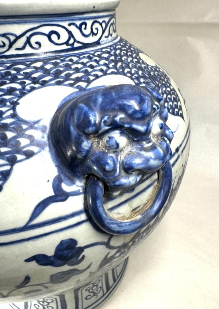 古染付 龍紋獅耳大壷 伝世品焼物 虫食い 青花 呉須 ウブ品 骨董WWTT137