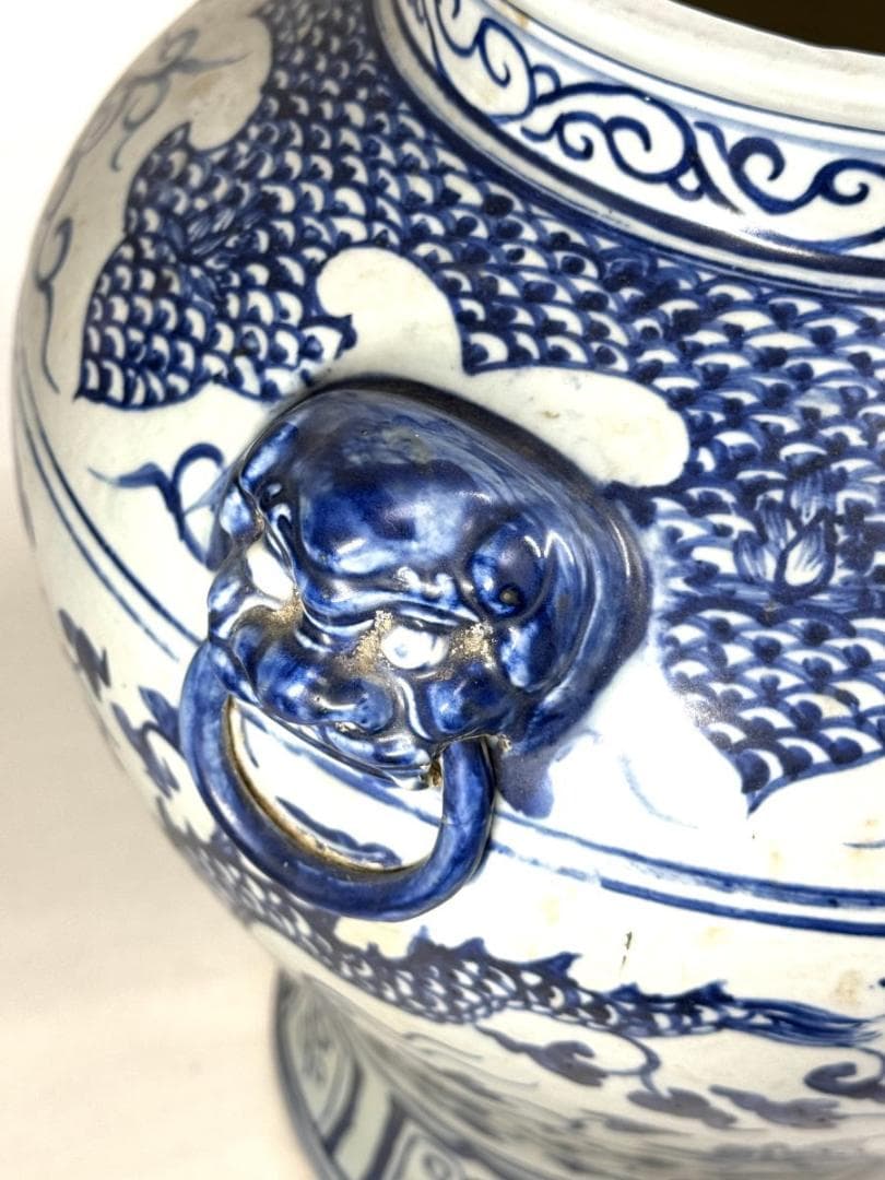 古染付 龍紋獅耳大壷 伝世品焼物 虫食い 青花 呉須 ウブ品 骨董WWTT137
