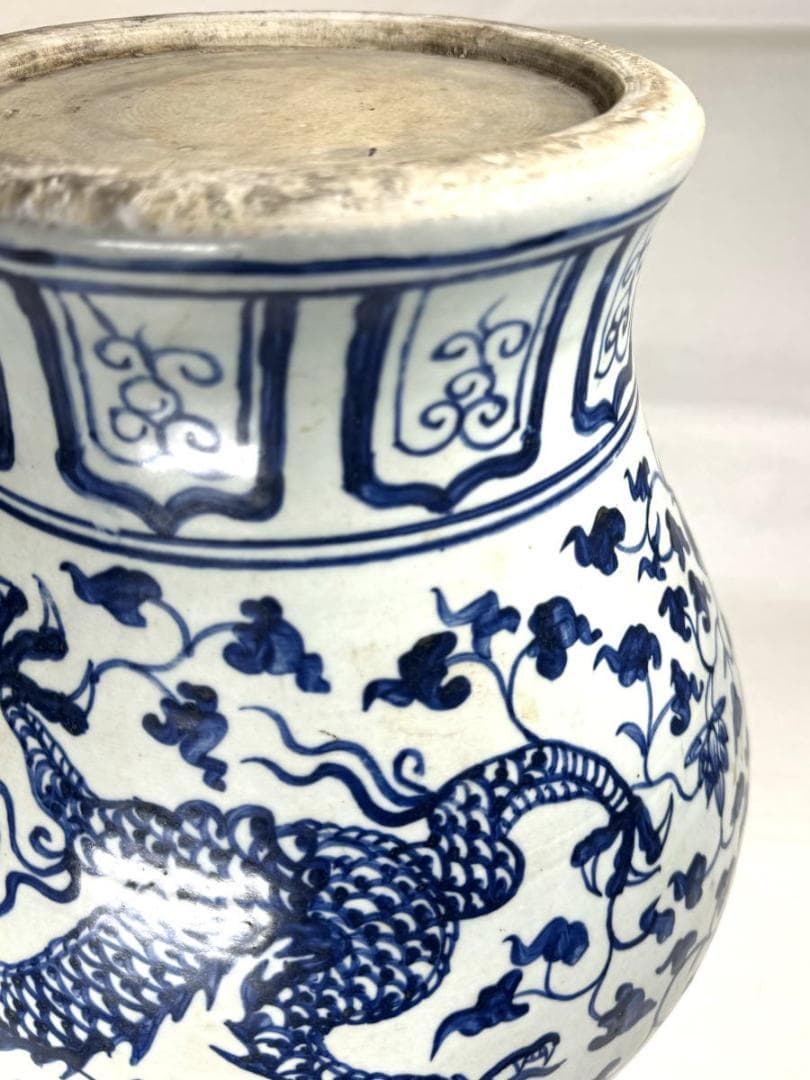 古染付 龍紋獅耳大壷 伝世品焼物 虫食い 青花 呉須 ウブ品 骨董WWTT137