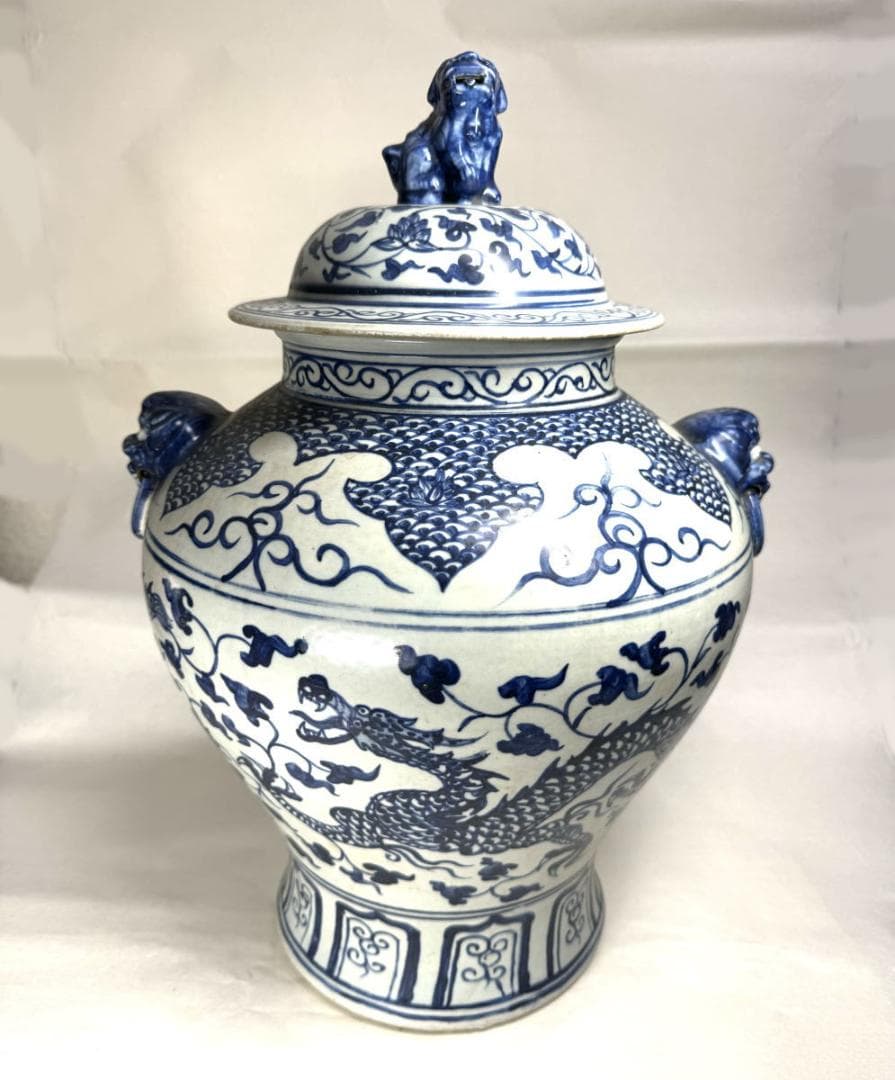 古染付 龍紋獅耳大壷 伝世品焼物 虫食い 青花 呉須 ウブ品 骨董WWTT137